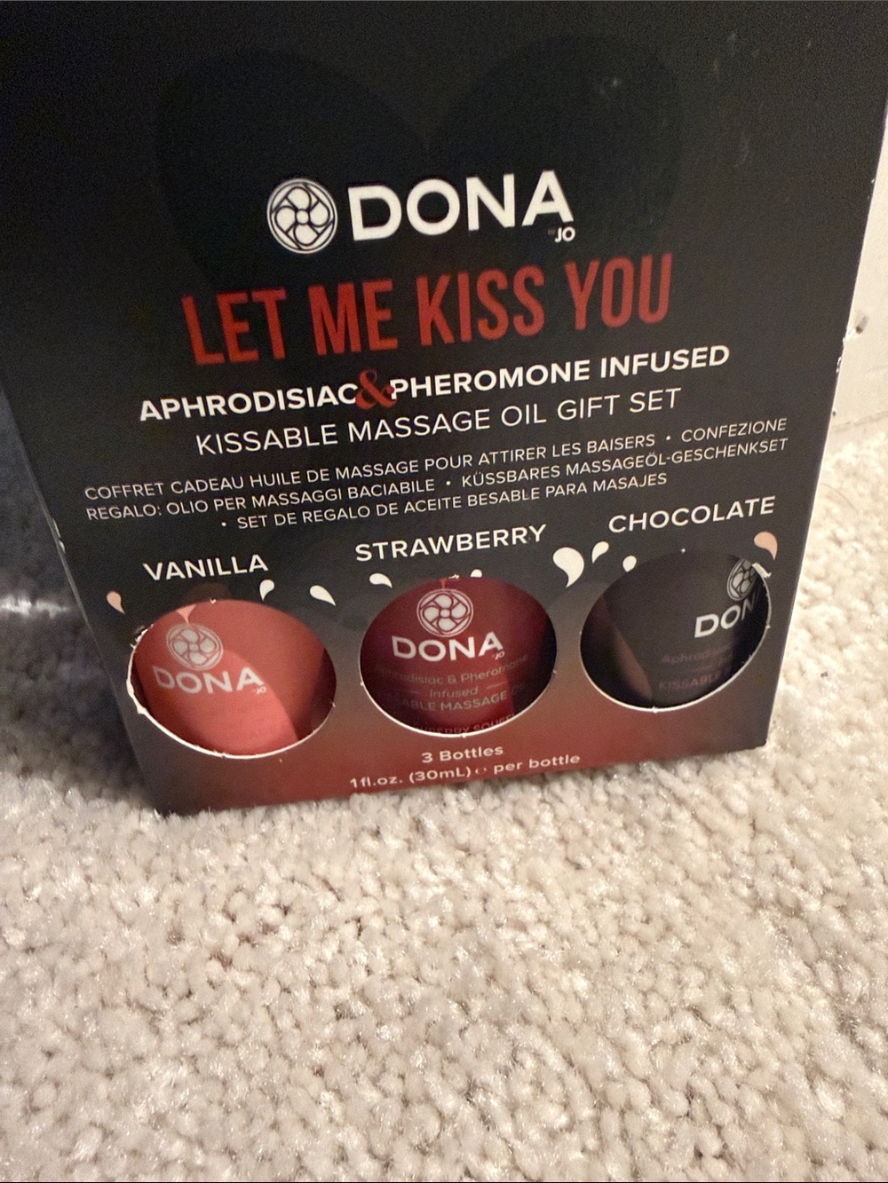 Let Me Kiss You Kissable Massage Oil Gift Set - Strawberry, Vanilla, Chocolate